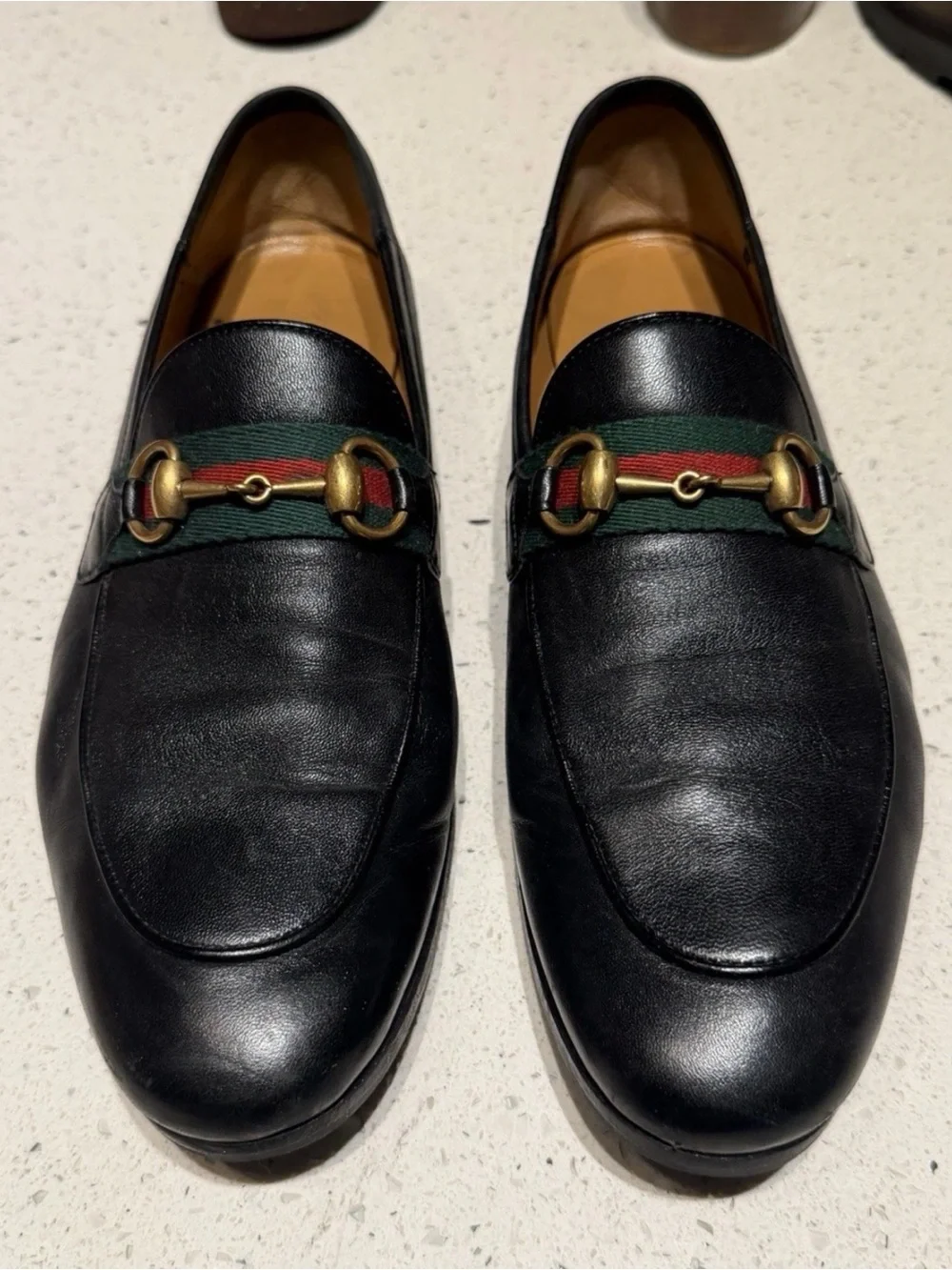 Gucci Black Leather Men’s Loafers with Green-Red Web and Gold Bit